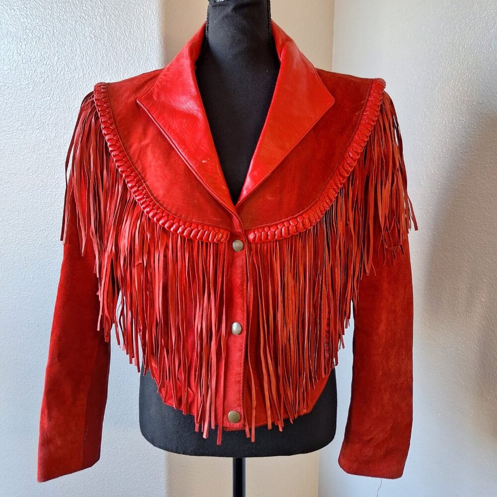 Vintage 80's Red Fringe Leather and Suede Jacket Sz M